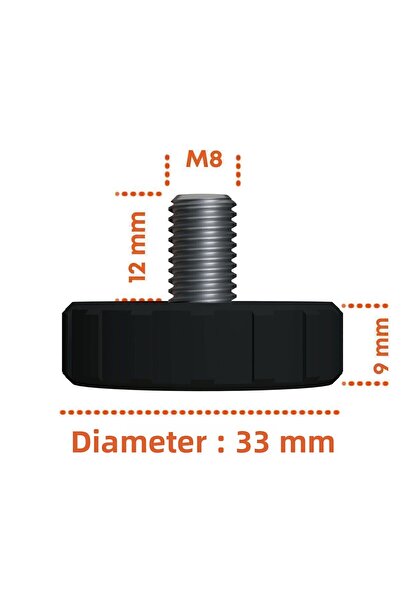 Adem Koç Diametru 33 mm Șurub de reglare a bazei de prindere Picior de ridicare moletat M8 x 12 mm (5 buc)