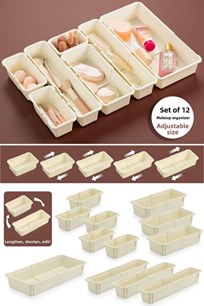 Meleni Home 12 Piece Expandable Makeup Organizer - Adjustable Modular Drawer Inside Jewelry Accessories Organizer