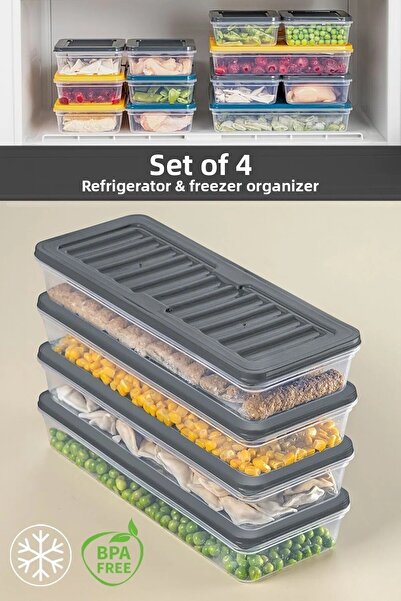 Flash Bazaar Anthracite 4-Piece Refrigerator Organizer - Suitable for Microwave and Freeze, 1170 ml Storage Container
