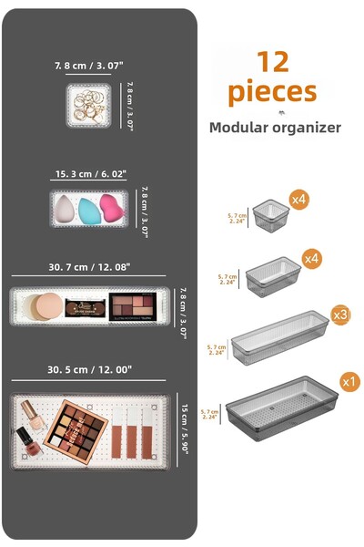 Meleni Home 12-Piece Modular Jewelry Makeup Organizer - Bathroom Drawer Organizer Set Black