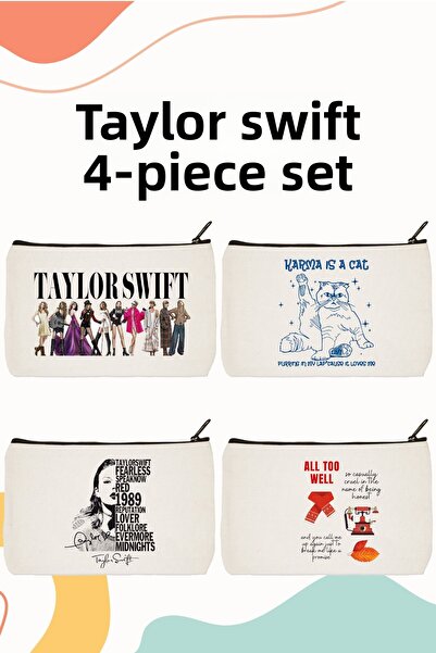 designedfy طقم مكياج مطبوع من تايلور سويفت مكون من 4 قطع - حامل قلم ومحفظة
