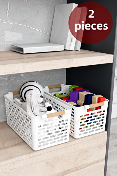 DOVİHOME 2 سلة بيضاء بمظهر خشبي، مجموعة منظم سلة متعددة الأغراض مع مقابض