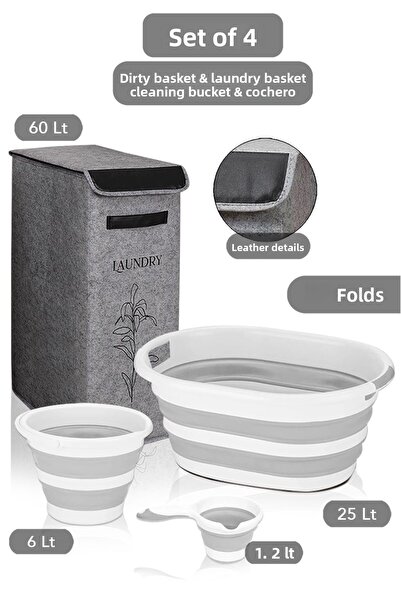 Meleni Home Gray Set of 4 - Washing Basket with Felt Lid, Water Bucket and Mu...