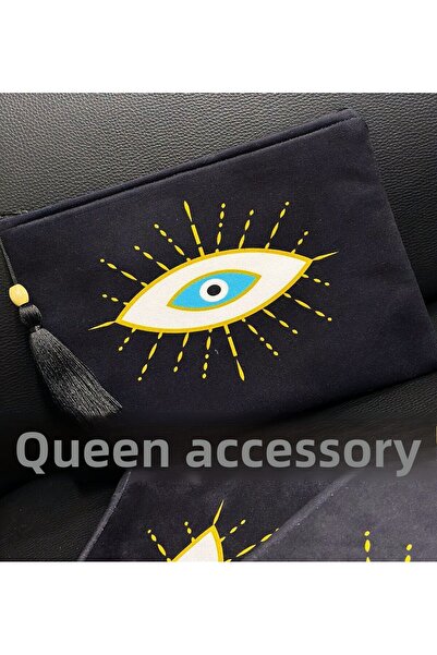 QUEEN AKSESUAR Design Authentic Eye Evil Eye Patterned Tassel Zipper Clutch Hand Invitation Makeup Bag