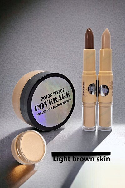 wonderway مجموعة كريم أساس وكونتور من البورسلين بتغطية مكثفة - جلد بني فاتح