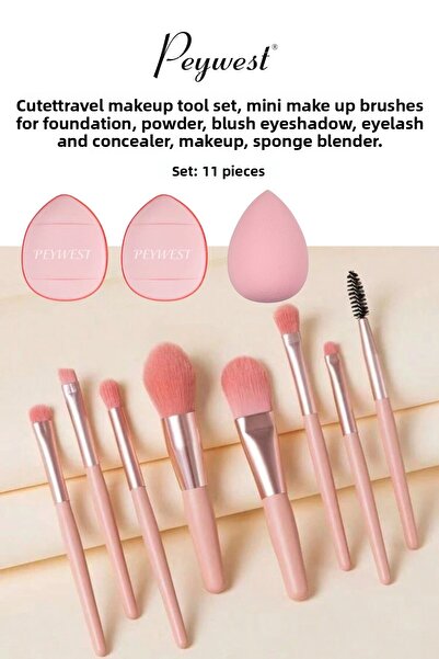 PEYWEST طقم مكياج وردي صغير الحجم مكون من 11 قطعة - مع حقيبة