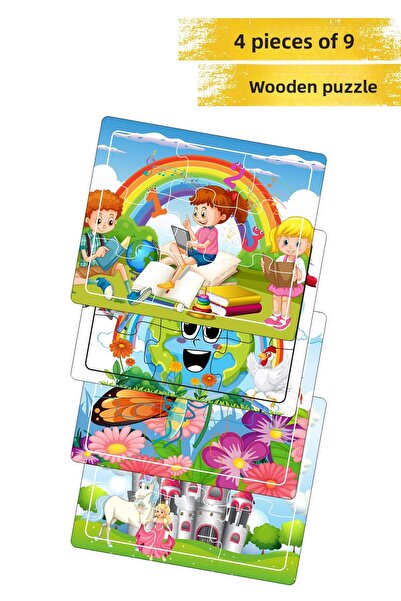 Leelii Tasarım مجموعة من 4 قطع مكونة من 9 قطع - مجموعة ألغاز خشبية ملونة للأط...