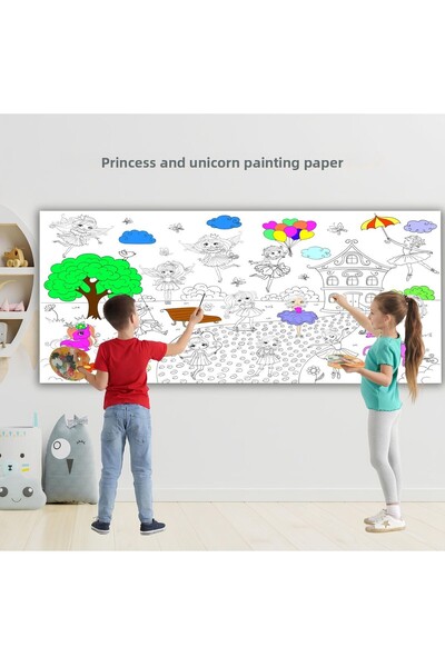 woodhomeworks ورق رسم عملاق بطابع الأميرة ووحيد القرن بطول 2.5 متر - لوحة تعليمية للأطفال