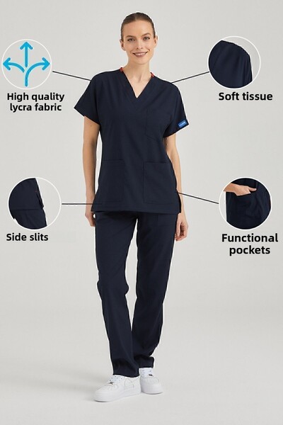 Pozitif Üniforma Navy Blue Lycra Nurse Jersey Bottom Top Surgical Team Scrubs Uniform Surgical Jersey