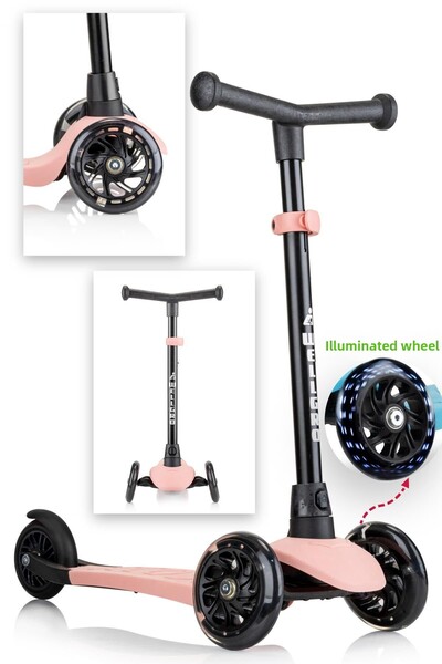 Wellgro Light up Scooter, Adjustable Height, Kids Scooter with Front Wheels Lights, Pink