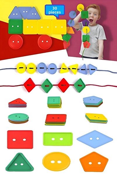 Hyd 30 قطعة من الأشكال الهندسية - زر حبل، ربط، إدراك الألوان، لعبة تعليمية لل...