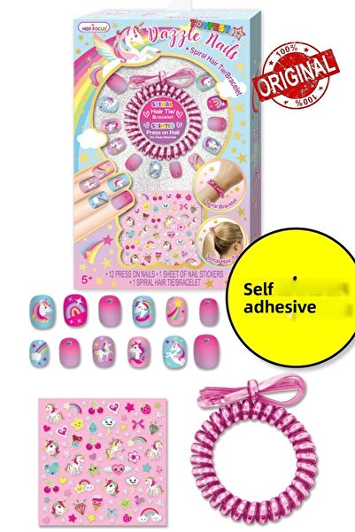 TOYFEST Unicorn Patterned Dazzle Nails - Adhesive Fake Nails Set with Buckle and Bracelet