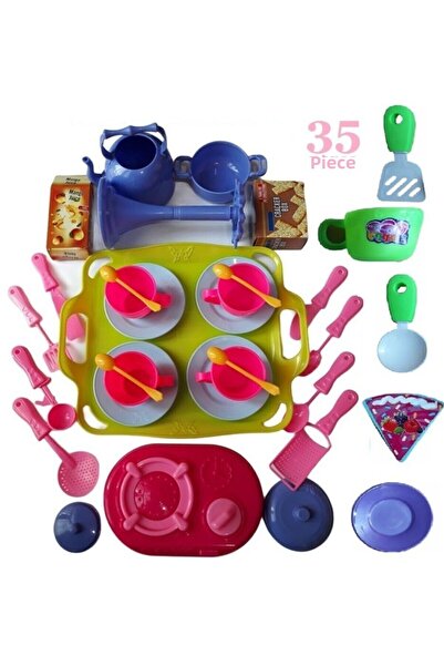 OYUNCAKSAHİLİ ساعة شاي المطبخ 35 قطعة لعبة بيت الدمى صينية كوب مغرفة شوكة