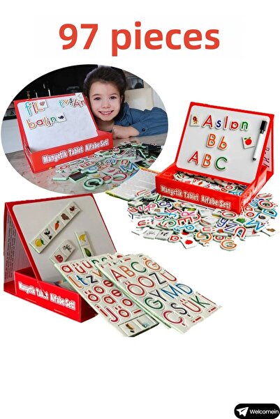 welcomein Toy Magnetic 97 Piece Alphabet Set with Tablet and 98 Piece Math Set with Magnetic Tablet