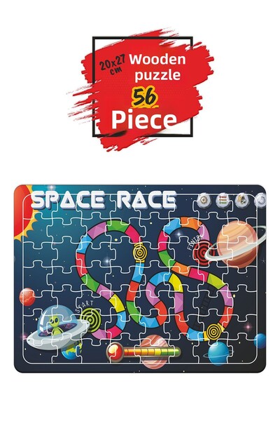 Leelii Tasarım 56 Pieces Cute Bus and Space Playing Wooden Puzzle Jigsaw Puzzle - Set of 4