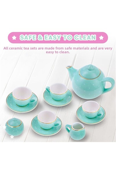 UZUNOGLU Porcelain Tea Set Kit for Toddler Girls, Blue Polka Dot Design, 13 Piece Teaware Set
