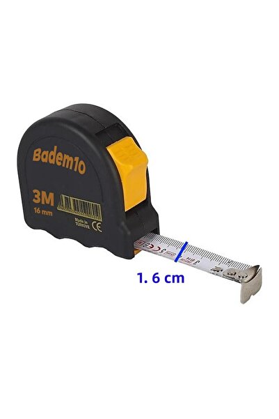 Badem10 Metal cu bandă neagră - 3 m x 16 mm, măsurare, măsurare, cu carcasă de plastic cu butoane