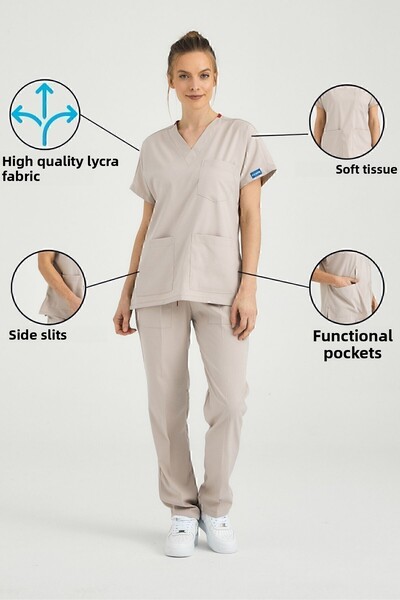 Pozitif Üniforma Cream Lycra Nurse Jersey Bottom Top Surgical Team Scrubs Uniform Surgical Jersey