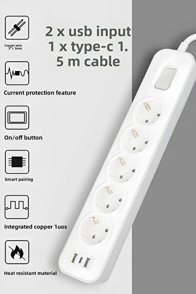 Ecuy 5-Piece Surge Protected Extension Socket - 2 Usb, 1 Type-C, Resistor Cab...