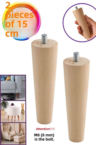 GLASWEN 2 bucăți picioare din lemn 15 cm dulap mobilă scaun canapea picioare suport picioare conice cu șuruburi M8