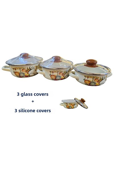 Emparlahome Enamel 3-Piece Cooking and Storage Pot Set (12Cm-14Cm-16Cm) Patterned
