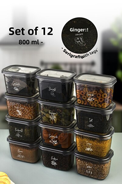 Vienev Set de 12 boluri de condimente dreptunghiulare Peggy cu etichetă serigrafică albă 800 ml antracit