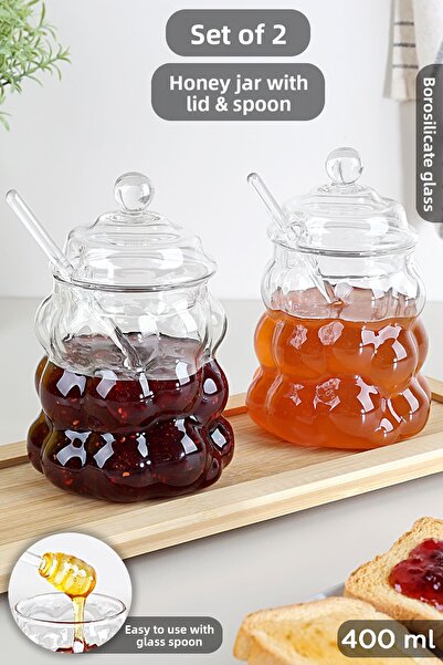 Meleni Home 2-Piece Borosilicate Glass Honey Jar with Spoon - Bead Shaped Jam Jar with Lid Honey Jam Jar 400ml