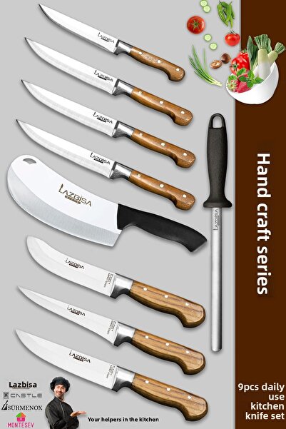 LAZBİSA Hand Craft Pro Series Kitchen Knife Set 9 Pieces Meat Bread Vegetable Salad Dumpling Knife (Mfp-386)