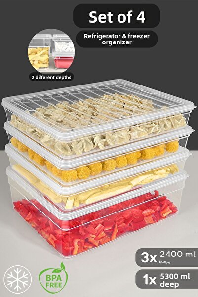 Meleni Home Set of 4 Microwave Compatible Storage Containers - Clear Lid, Deep and Shallow, Kitchen Organizer XL
