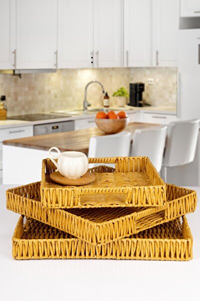 naturelove 3-Piece Wicker Model Square Serving and Presentation Tray
