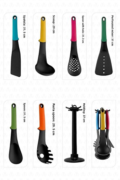 valletta Vintage 7-Piece Kitchen Serving Set with Stand Silicone Colorful Ladle Set Serving Spoons