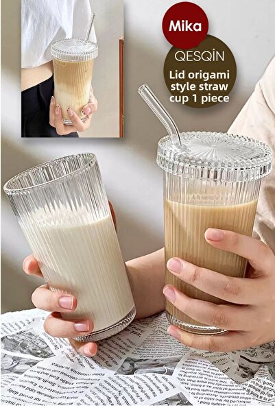 QesQin 1 قطعة نموذج Pinterest واحد اوريغامي كوب زجاجي مخطط بغطاء ميكا مع مصاصة