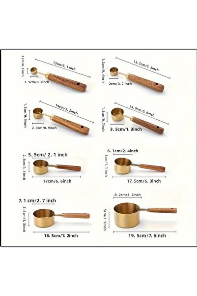MİMOZA PARK 8-Piece Gold Wooden Handle Measuring Spoon Socket - Handle Measured