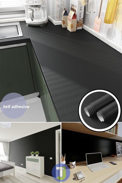 Technojet Self Adhesive Matte Black Kitchen Bathroom Countertop Wall Cabinet And Table Covering 60cmx300cm