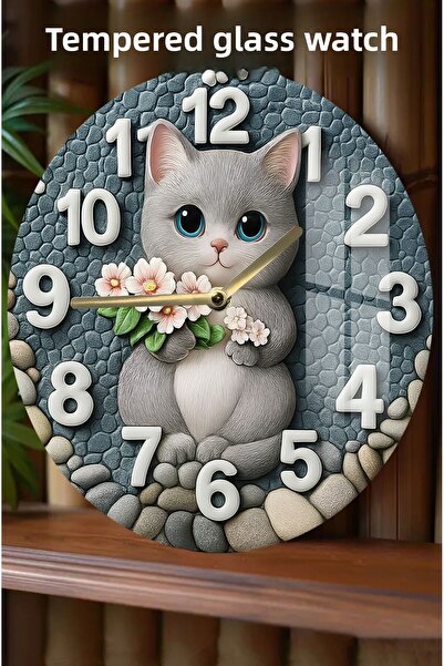 kutuTR Flower Consistent Gray Cat Themed 3D Look Tempered Glass Watch – 33 cm Csdw206