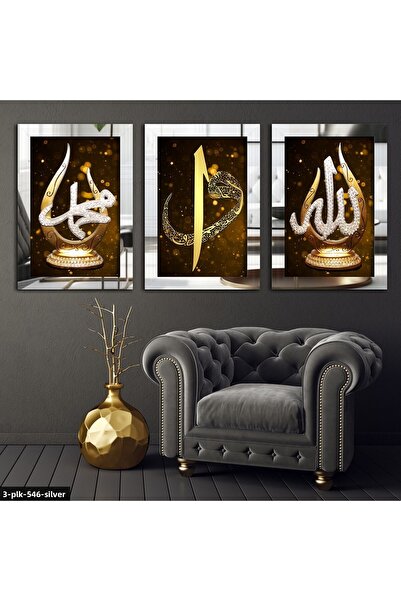 Evinemoda Allah Muhammed Elif Vav Silver 3 piese Tablou cu oglindă din plexiglas