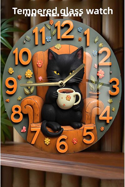 kutuTR Black Cat and Coffee Cup Pattern 3D Look Tempered Glass Watch – 33 cm Csdw237