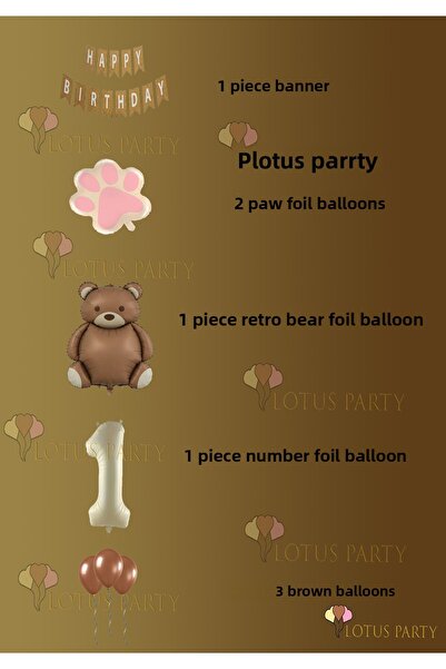 LOTUS PARTY Pink Color Paw - Retro Bear Foil Balloon - Retro Birthday Set - Kraft Happy Writing Age 2
