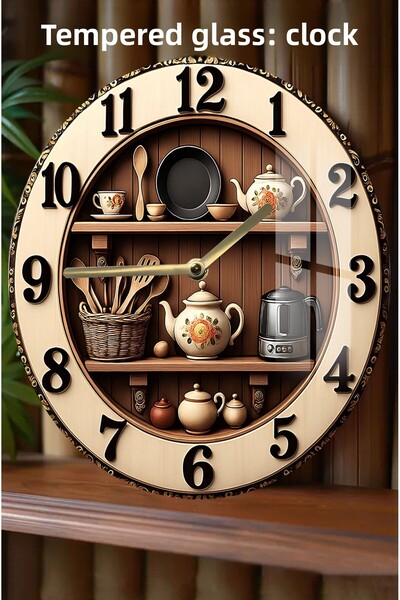 kutuTR ساعة من الزجاج المقسى بمظهر ثلاثي الأبعاد لأدوات المطبخ وإبريق الشاي - 33 سم CSDW208