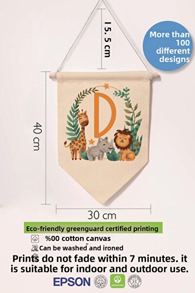 Postifull Kids Room Decor, Wall Ornament, Wooden Baby Room Decor, Canvas Pennant, Safari and Animal Letter D