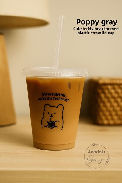 Anadolu Saray Set of 2 Cute Plastic Bear Themed Cups with Straws and Lids Bpa Free Coffee and Cold Drink Cups