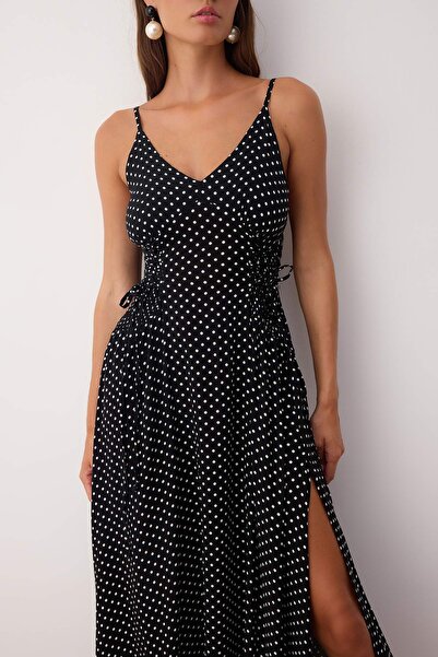 Trendyol Collection Black-Multicolor Plain Skater Maxi Woven Tie Detail 100% Viscose Dress