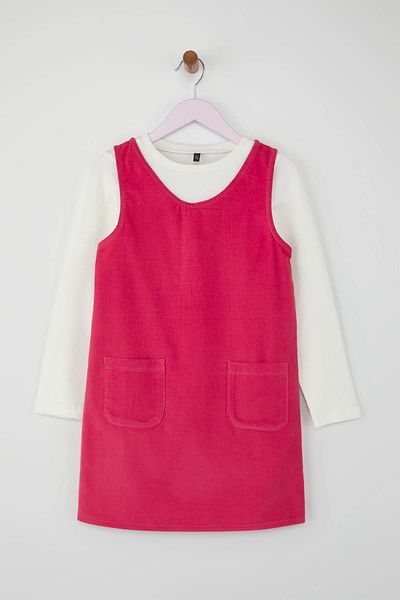 TRENDYOLKIDS Dusty Rose Girls' 2-Piece 100% Cotton Velvet Solid Square Collar A-Line Woven Dress Tkdaw26El00005