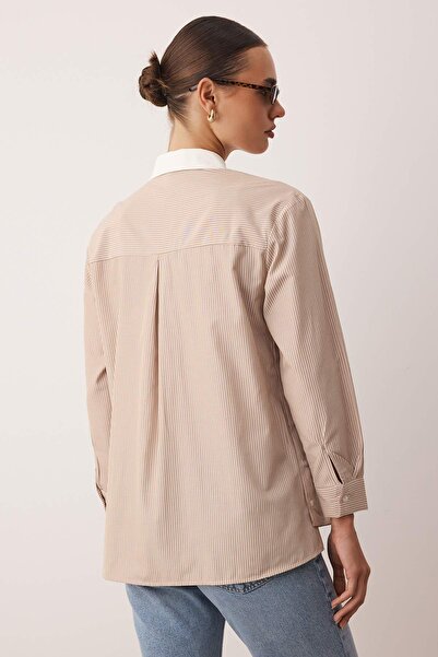 Trendyol Modest Beige Collar Detailed and Side Buttoned Striped Woven Shirt Tctaw26Tg00004