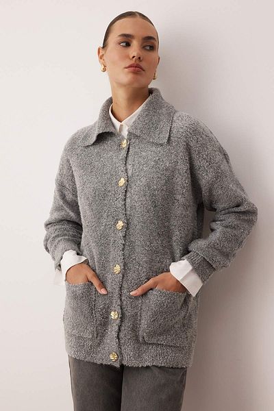 Trendyol Modest Anthracite Gold Button Detailed Boucle Knitwear Cardigan Tctaw26Th00001