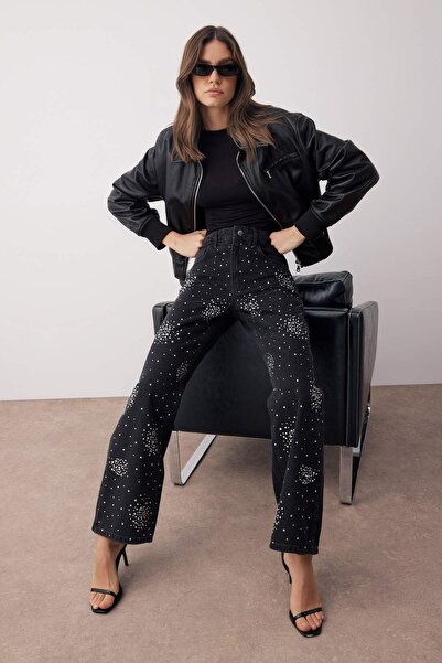 Trendyol Collection Μαύρο ψηλόμεσο πέτρινο λεπτομερές φαρδύ τζιν με φαρδύ πόδι TWOAW26JE00116