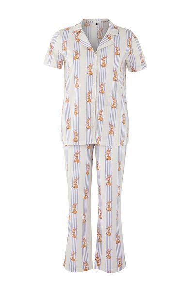 Trendyol Curve Cream Rabbit Pattern Shirt Collar Knitted Pajamas Set Tbbaw25Ai00039