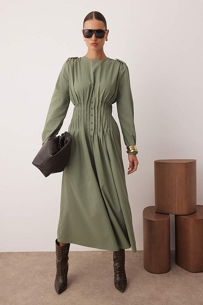 Trendyol Modest Rochie Gipeli cu detaliu kaki cu talie dreaptă TCTAW26EB00017
