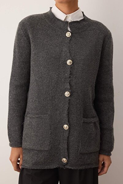 Trendyol Modest Antracit Düz Çift Plaka Triko Hırka TCTAW26TH00015