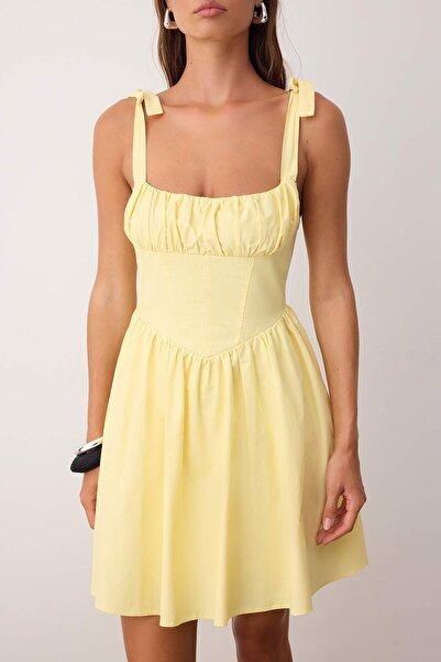 Trendyol Collection Light Yellow Collar Detail Bow Poplin Woven Dress Twoss25El00891